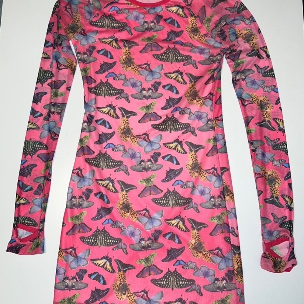 Dolls Kills Club Exx Pink Long Sleeve Mini  Dress with Butterfly Print